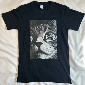 Black Graphic Cat Tee Hypnotic Eyes Streetwear Shirt Small
